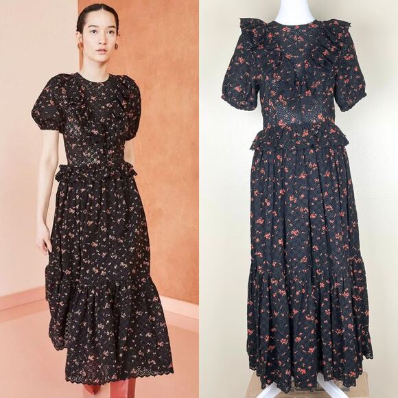 Ulla Johnson Bettine Dress Womens 2 Black Red Floral Broderie Anglaise Midi
